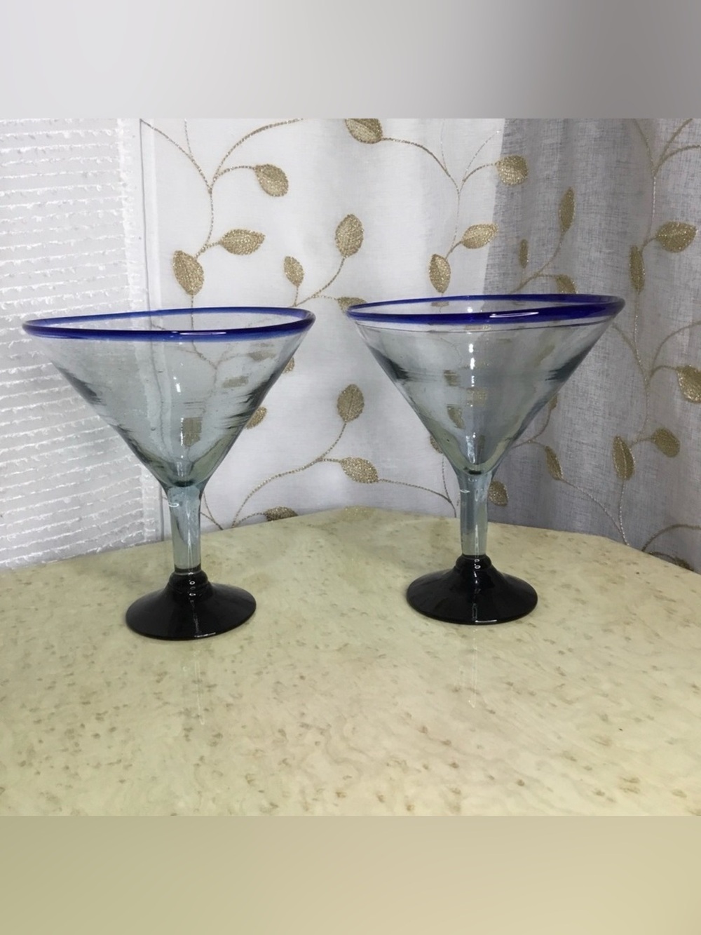 2 Vintage 16oz Hand Blown Cobalt Blue Rimmed Glasses
